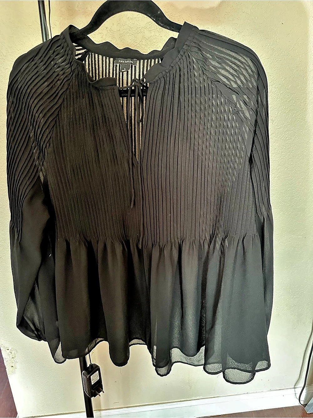Ann Taylor Pleated Sheer Blouse in Black